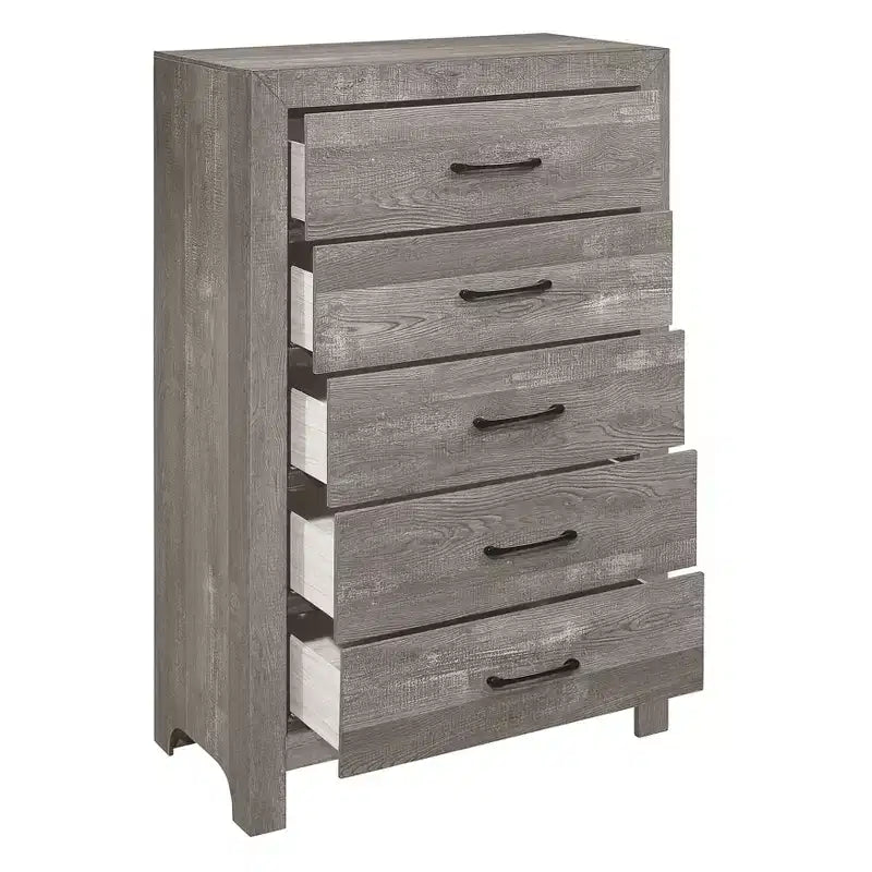Commode rustique Okak 5 tiroirs avec poignées en métal noir, design simple pour chambre à coucher, aucun assemblage requis