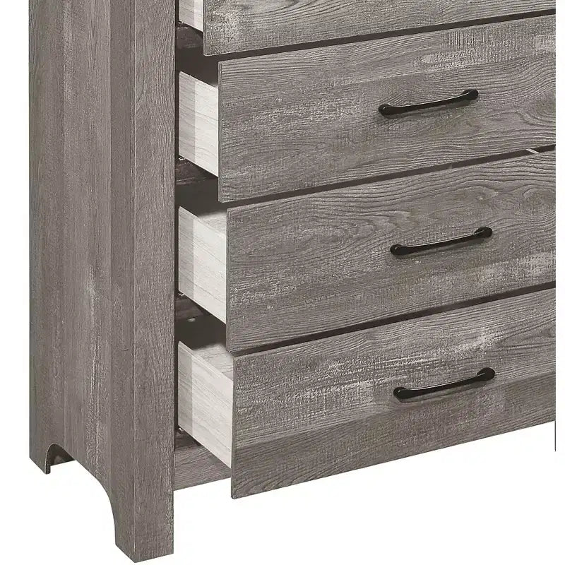 Commode rustique Okak 5 tiroirs avec poignées en métal noir, design simple pour chambre à coucher, aucun assemblage requis