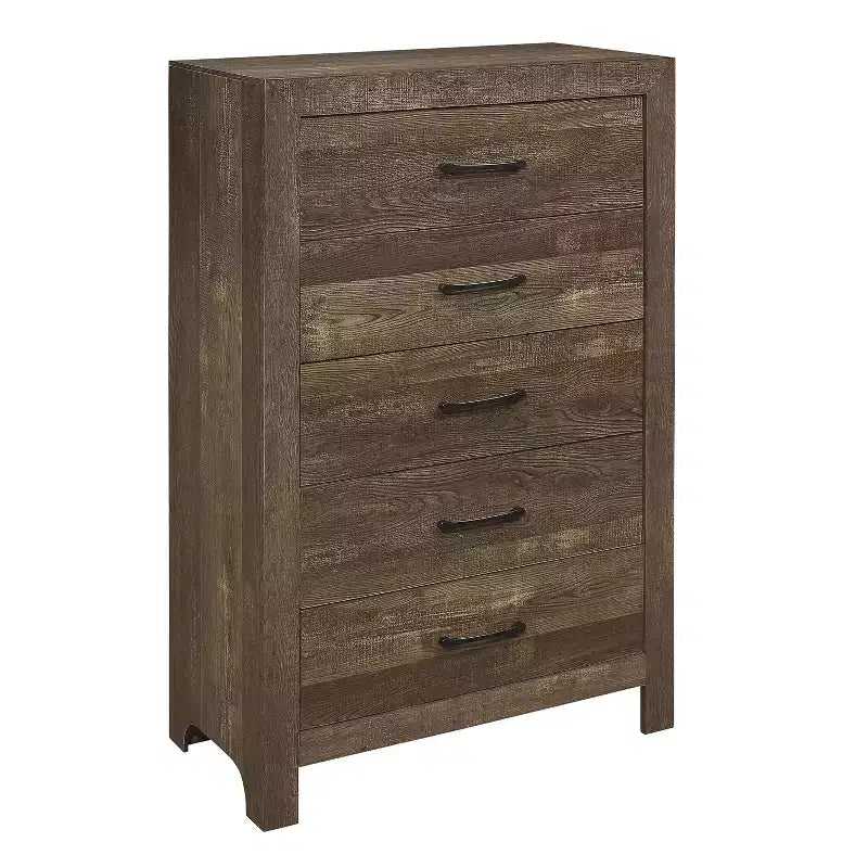 Commode rustique Okak 5 tiroirs avec poignées en métal noir, design simple pour chambre à coucher, aucun assemblage requis