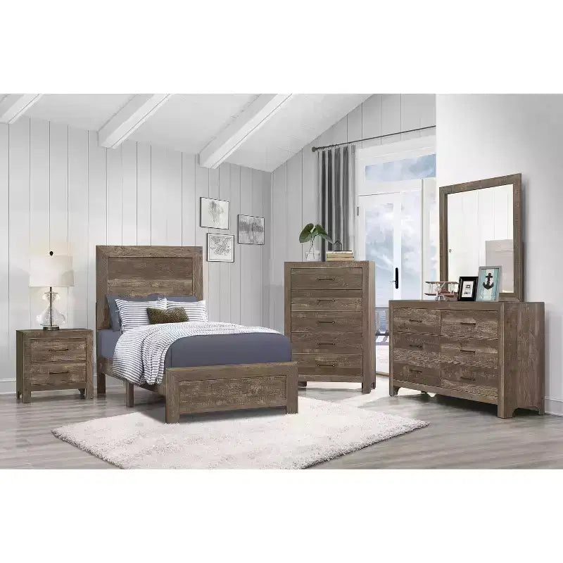 Commode rustique Okak 5 tiroirs avec poignées en métal noir, design simple pour chambre à coucher, aucun assemblage requis