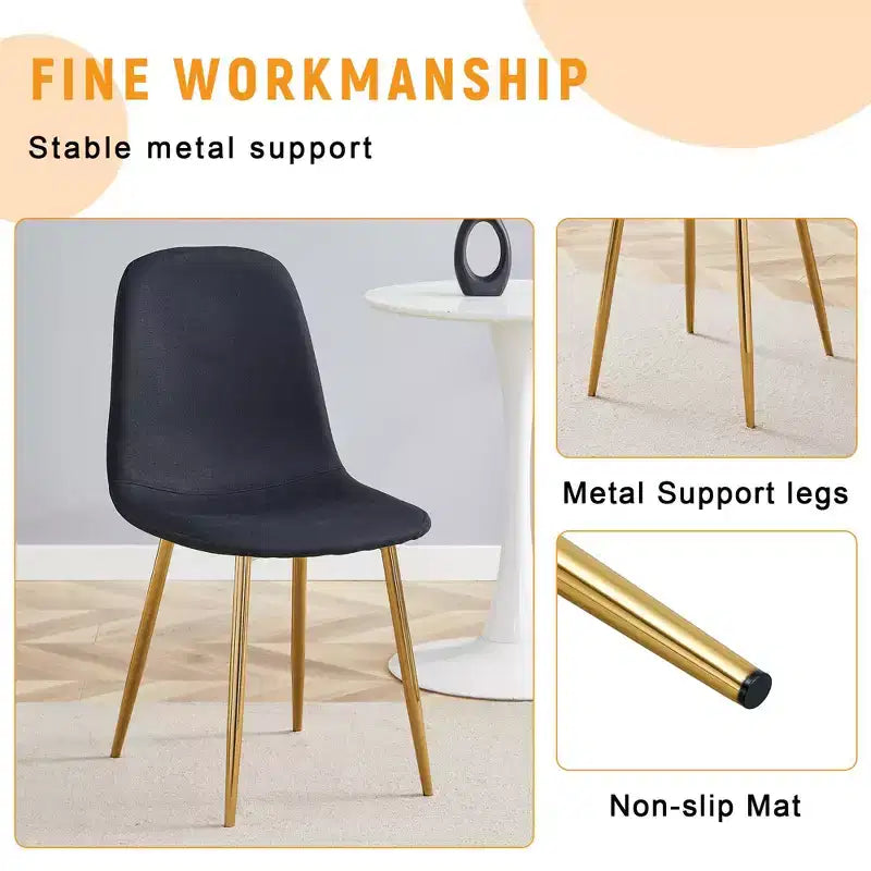 MAYEERTY Lot de 4 chaises de salle à manger de luxe simples, en lin et coton noir, avec pieds en métal doré, s'adaptant à des décors variés