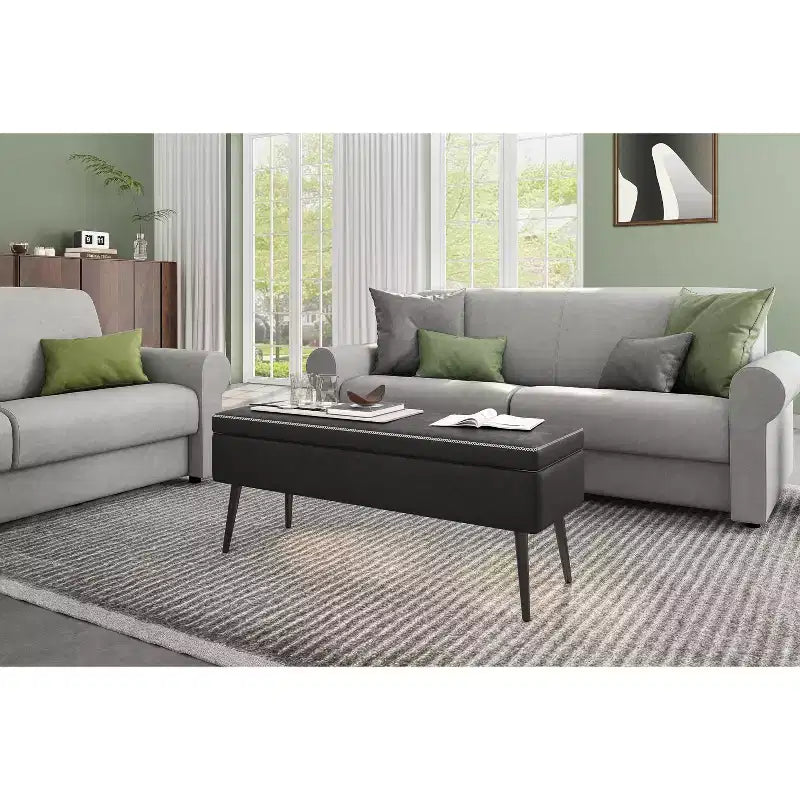 Storage Ottoman Bench, Mid-Century Modern Entryway Bedroom Bench, Synthetic Leather with Stitchin, Leather Bench with Storage Ottoman, Foot Rest