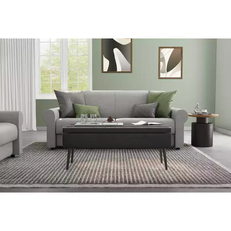 Banc Ottoman de Rangement, Banc d'entrée ou de chambre à coucher de style moderne du milieu du siècle, Cuir synthétique avec coutures, Banc en cuir avec rangement ottoman, Repose-pieds