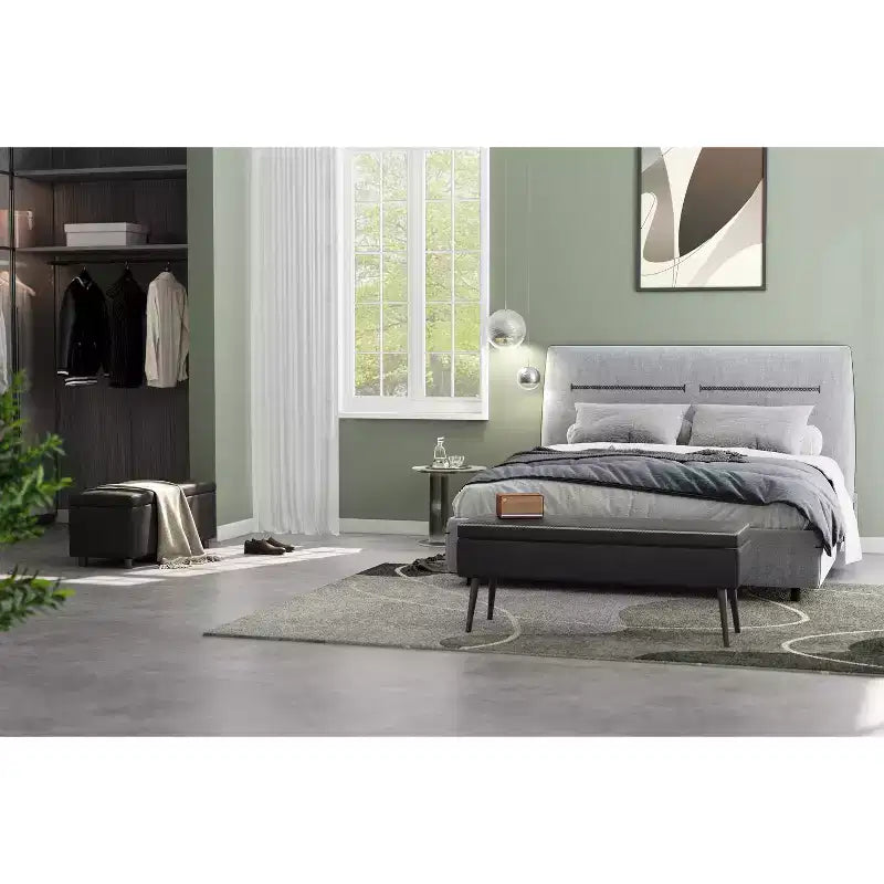 Banc Ottoman de Rangement, Banc d'entrée ou de chambre à coucher de style moderne du milieu du siècle, Cuir synthétique avec coutures, Banc en cuir avec rangement ottoman, Repose-pieds