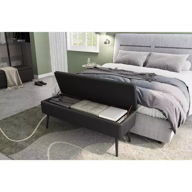 Banc Ottoman de Rangement, Banc d'entrée ou de chambre à coucher de style moderne du milieu du siècle, Cuir synthétique avec coutures, Banc en cuir avec rangement ottoman, Repose-pieds