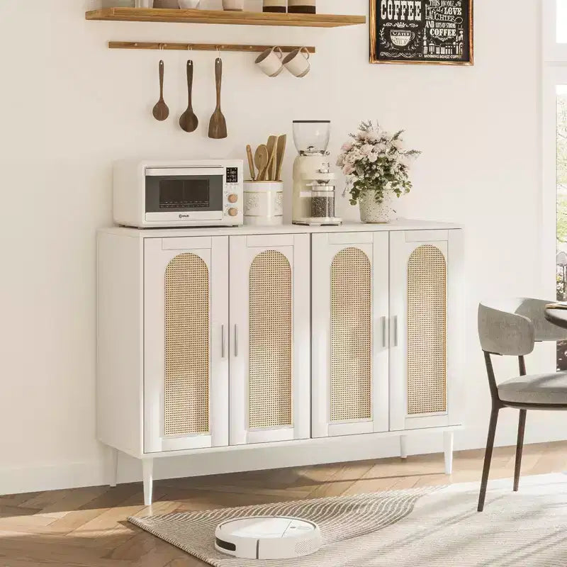 Buffet de cuisine GustoWave, Armoire de rangement d'appoint à 4 portes en rotin, Console de bar à café, Couloir, Salon