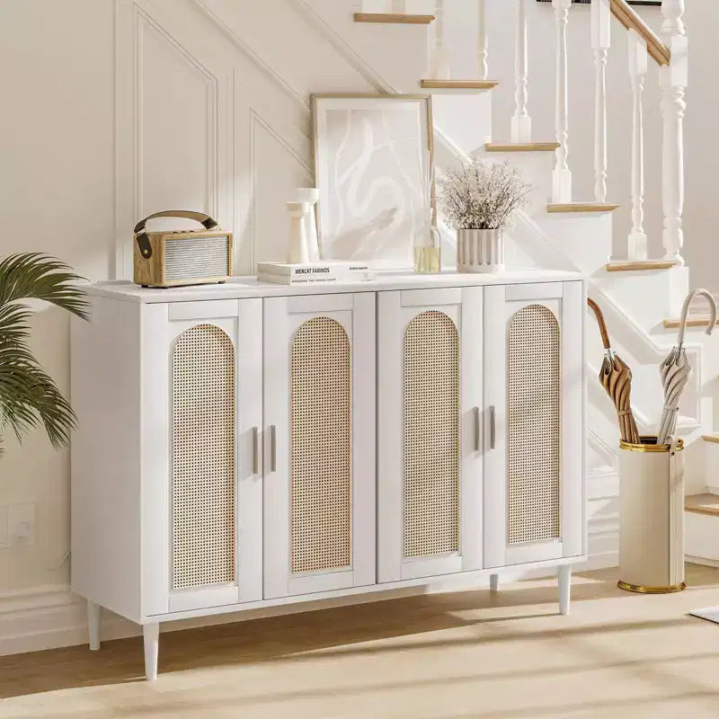 Buffet de cuisine GustoWave, Armoire de rangement d'appoint à 4 portes en rotin, Console de bar à café, Couloir, Salon