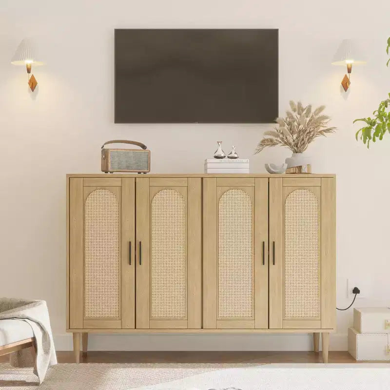 Buffet de cuisine GustoWave, Armoire de rangement d'appoint à 4 portes en rotin, Console de bar à café, Couloir, Salon