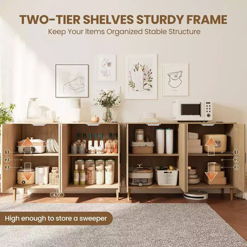 Buffet de cuisine GustoWave, Armoire de rangement d'appoint à 4 portes en rotin, Console de bar à café, Couloir, Salon