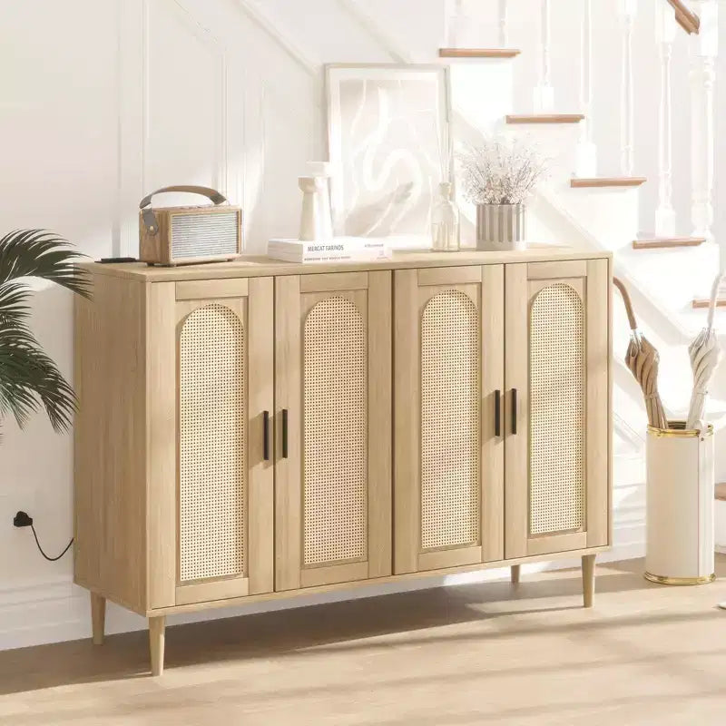 Buffet de cuisine GustoWave, Armoire de rangement d'appoint à 4 portes en rotin, Console de bar à café, Couloir, Salon