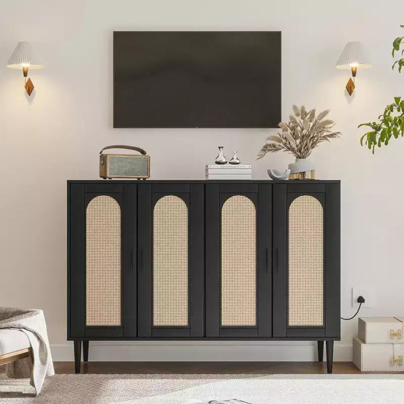 Buffet de cuisine GustoWave, Armoire de rangement d'appoint à 4 portes en rotin, Console de bar à café, Couloir, Salon