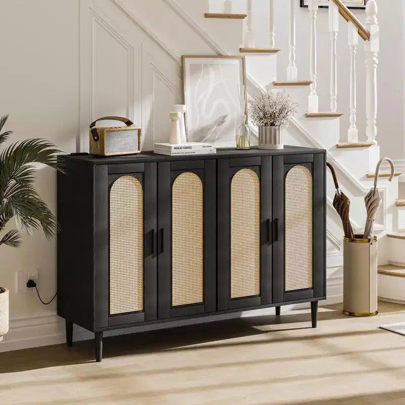 Buffet de cuisine GustoWave, Armoire de rangement d'appoint à 4 portes en rotin, Console de bar à café, Couloir, Salon