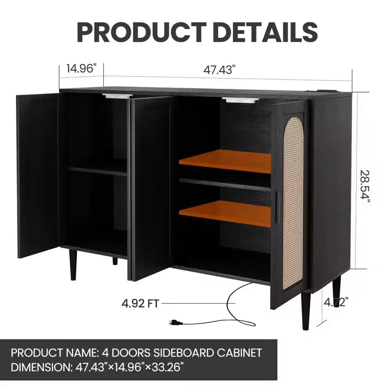 Buffet de cuisine GustoWave, Armoire de rangement d'appoint à 4 portes en rotin, Console de bar à café, Couloir, Salon