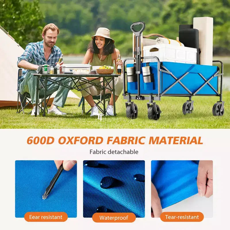 Chariot pliant pliable avec roues tout-terrain, chariot utilitaire robuste pour le camping et le shopping, capacité de 150 kg (petit-bleu)
