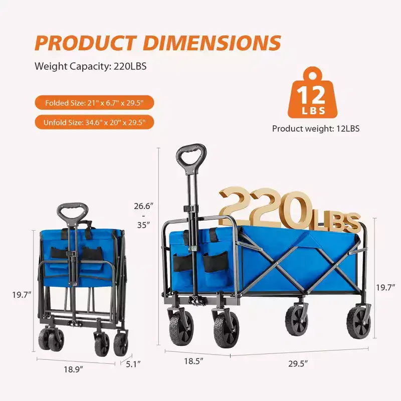 Chariot pliant pliable avec roues tout-terrain, chariot utilitaire robuste pour le camping et le shopping, capacité de 150 kg (petit-bleu)