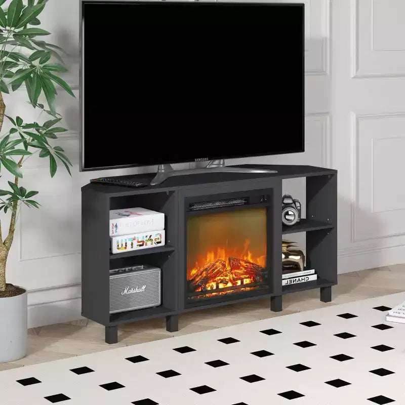 Meuble TV d'angle HOMLUX pour téléviseurs jusqu'à 55 pouces, 4 étagères ouvertes, Noir/Gris/Blanc