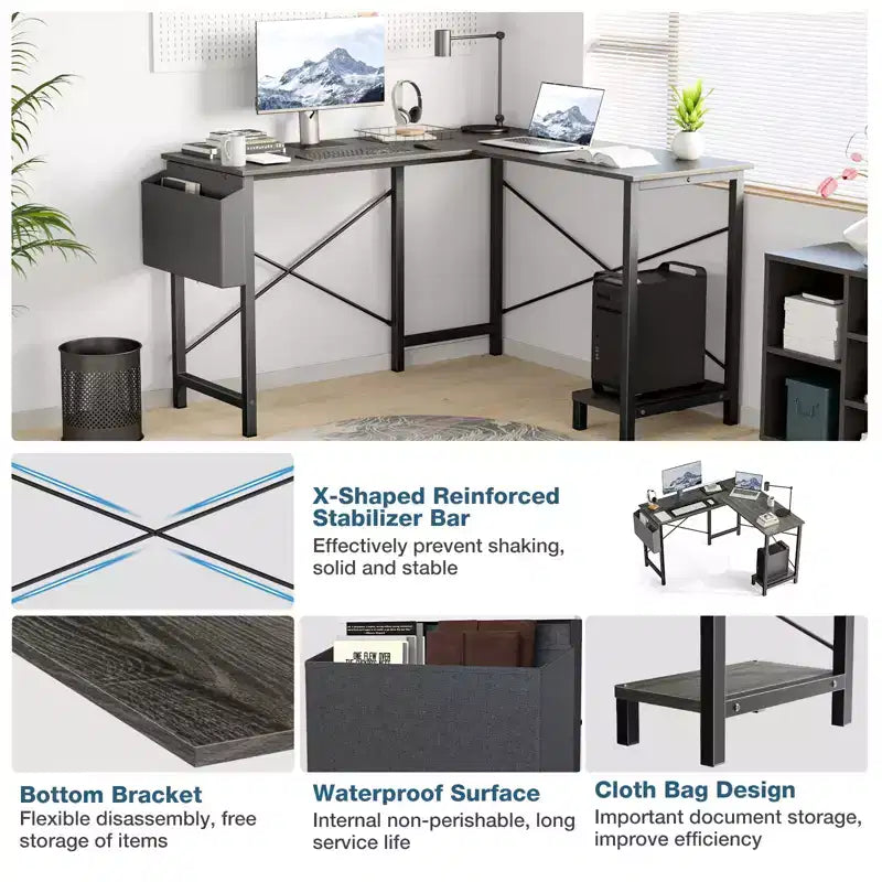 Bureau d'ordinateur en forme de L avec étagère de rangement pour unité centrale et sac latéral, table d'écriture de bureau de jeu d'angle de 127 cm avec cadre en métal - 127 x 109,98 x 74,93 cm (gris)