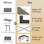 Bureau d'ordinateur en forme de L avec étagère de rangement pour unité centrale et sac latéral, table d'écriture de bureau de jeu d'angle de 127 cm avec cadre en métal - 127 x 109,98 x 74,93 cm (gris)