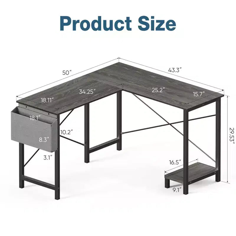 Bureau d'ordinateur en forme de L avec étagère de rangement pour unité centrale et sac latéral, table d'écriture de bureau de jeu d'angle de 127 cm avec cadre en métal - 127 x 109,98 x 74,93 cm (gris)