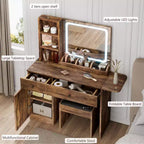 Coiffeuse avec miroir lumineux LED et prise de courant, coiffeuse de maquillage avec tiroirs et armoire et chaise, ensemble de coiffeuse pour chambre à coucher