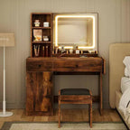 Coiffeuse avec miroir lumineux LED et prise de courant, coiffeuse de maquillage avec tiroirs et armoire et chaise, ensemble de coiffeuse pour chambre à coucher