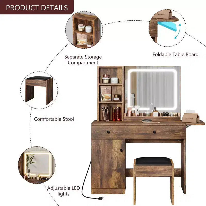 Coiffeuse avec miroir lumineux LED et prise de courant, coiffeuse de maquillage avec tiroirs et armoire et chaise, ensemble de coiffeuse pour chambre à coucher