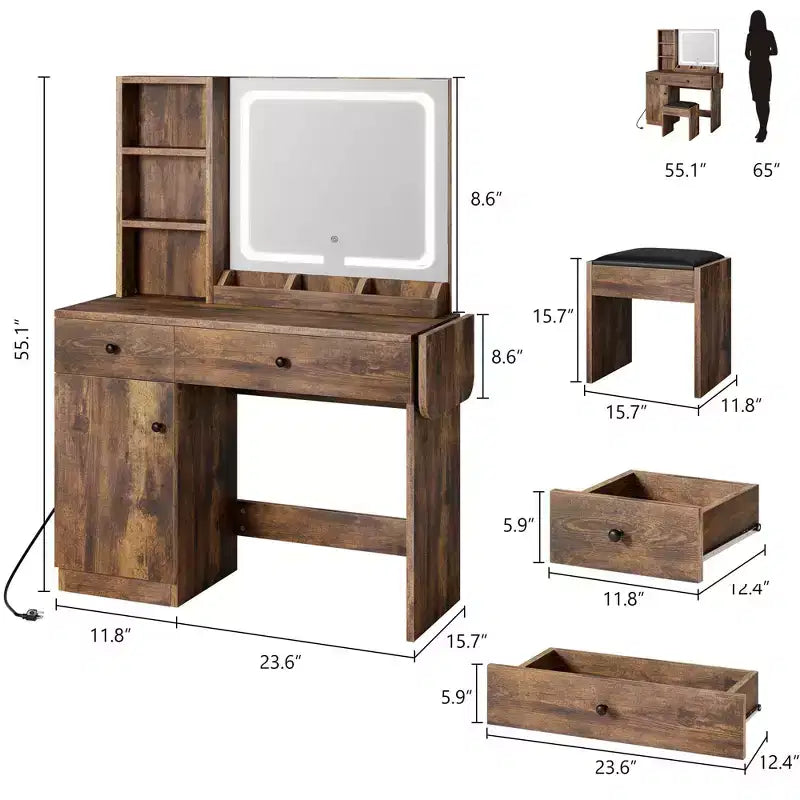 Coiffeuse avec miroir lumineux LED et prise de courant, coiffeuse de maquillage avec tiroirs et armoire et chaise, ensemble de coiffeuse pour chambre à coucher