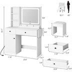 Coiffeuse avec miroir lumineux LED et prise de courant, coiffeuse de maquillage avec tiroirs et armoire et chaise, ensemble de coiffeuse pour chambre à coucher
