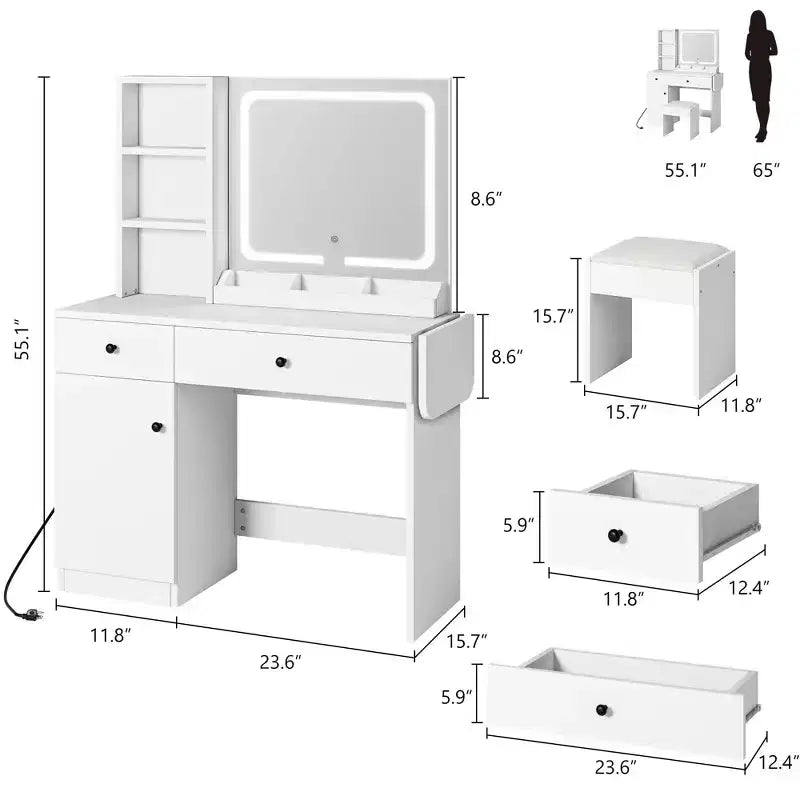 Coiffeuse avec miroir lumineux LED et prise de courant, coiffeuse de maquillage avec tiroirs et armoire et chaise, ensemble de coiffeuse pour chambre à coucher