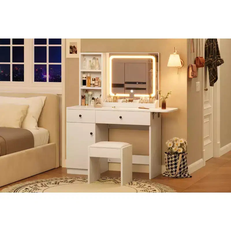 Coiffeuse avec miroir lumineux LED et prise de courant, coiffeuse de maquillage avec tiroirs et armoire et chaise, ensemble de coiffeuse pour chambre à coucher