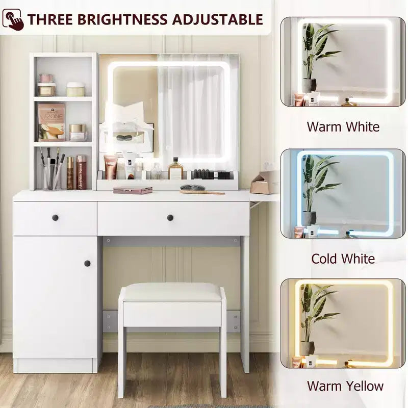Coiffeuse avec miroir lumineux LED et prise de courant, coiffeuse de maquillage avec tiroirs et armoire et chaise, ensemble de coiffeuse pour chambre à coucher