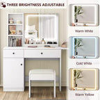 Coiffeuse avec miroir lumineux LED et prise de courant, coiffeuse de maquillage avec tiroirs et armoire et chaise, ensemble de coiffeuse pour chambre à coucher