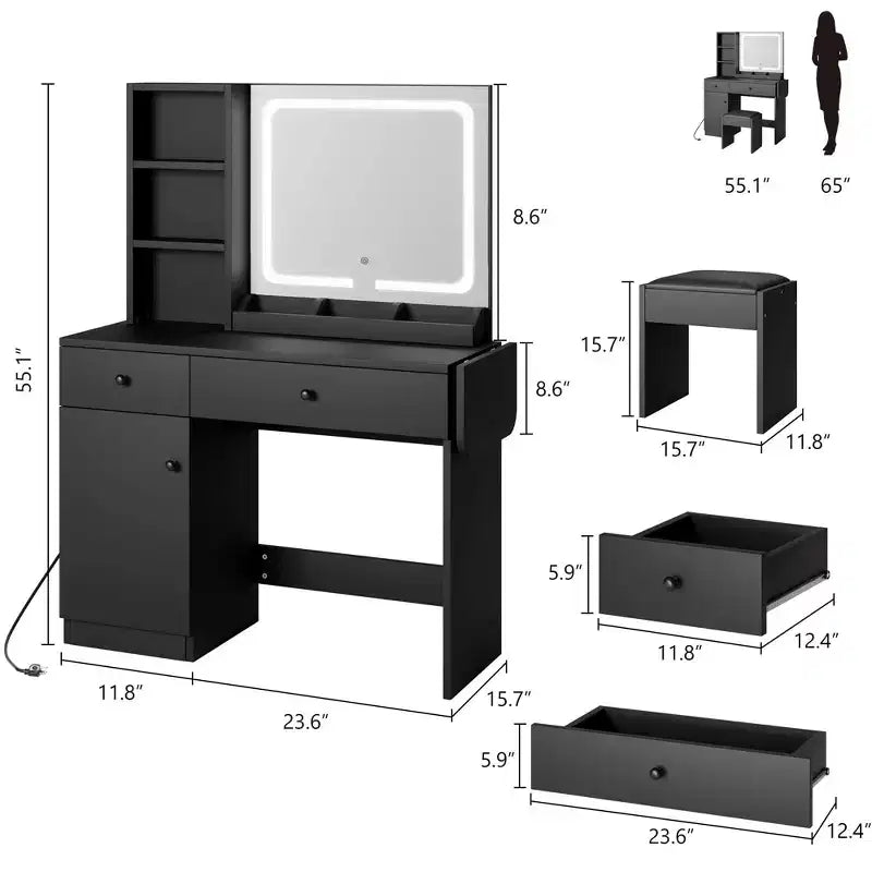 Coiffeuse avec miroir lumineux LED et prise de courant, coiffeuse de maquillage avec tiroirs et armoire et chaise, ensemble de coiffeuse pour chambre à coucher
