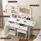 Coiffeuse avec miroir lumineux LED et prise de courant, coiffeuse de maquillage avec tiroirs et armoire et chaise, ensemble de coiffeuse pour chambre à coucher