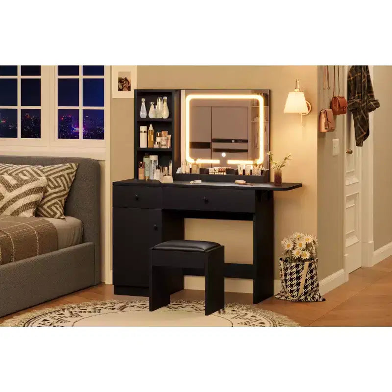 Coiffeuse avec miroir lumineux LED et prise de courant, coiffeuse de maquillage avec tiroirs et armoire et chaise, ensemble de coiffeuse pour chambre à coucher
