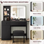 Coiffeuse avec miroir lumineux LED et prise de courant, coiffeuse de maquillage avec tiroirs et armoire et chaise, ensemble de coiffeuse pour chambre à coucher