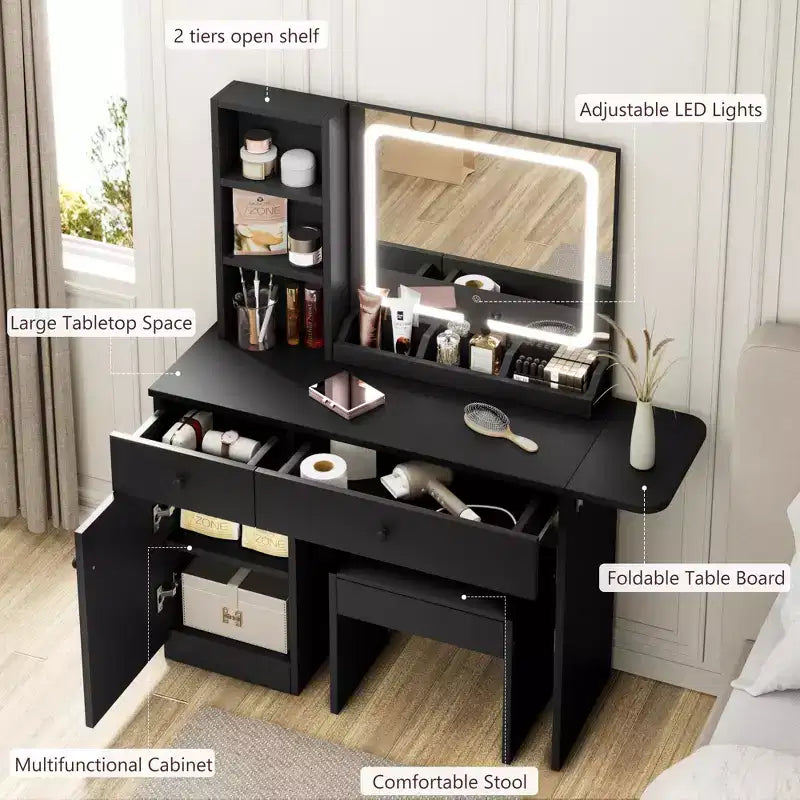 Coiffeuse avec miroir lumineux LED et prise de courant, coiffeuse de maquillage avec tiroirs et armoire et chaise, ensemble de coiffeuse pour chambre à coucher
