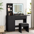 Coiffeuse avec miroir lumineux LED et prise de courant, coiffeuse de maquillage avec tiroirs et armoire et chaise, ensemble de coiffeuse pour chambre à coucher