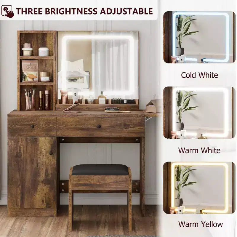 Coiffeuse avec miroir lumineux LED et prise de courant, coiffeuse de maquillage avec tiroirs et armoire et chaise, ensemble de coiffeuse pour chambre à coucher