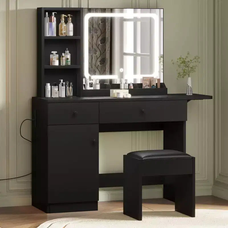 Vanity Desk with LED Lighted Mirror & Power Outlet, Makeup Vanity with Drawers & Cabinet & Chair, Vanity Table Set for Bedroom