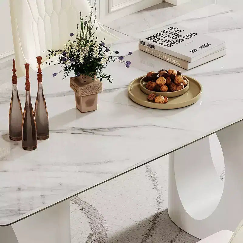Grande Table à Manger Rectangulaire Okak, Table de Cuisine en Pierre Frittée Composite et Verre Trempé avec Base en Acier Carbone pour Grande Famille