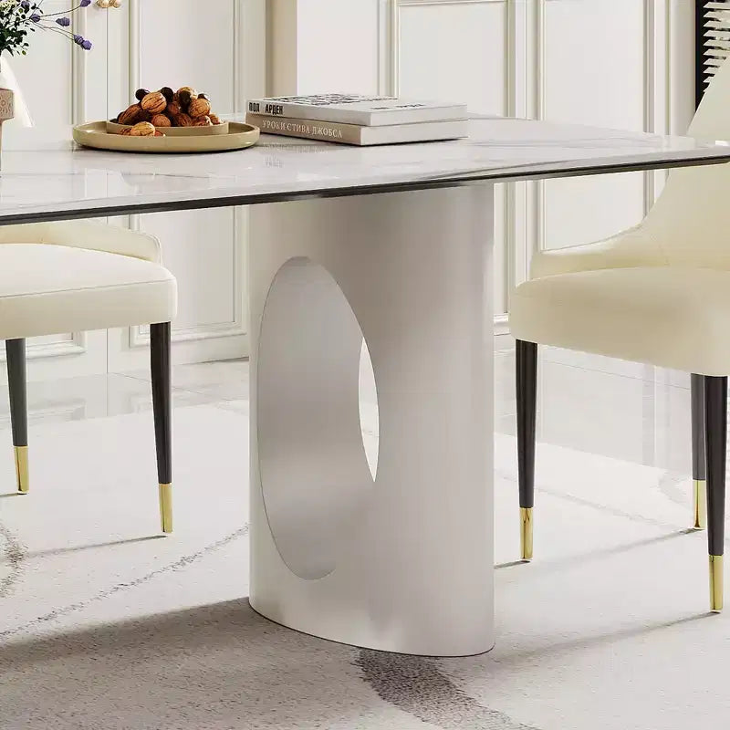Grande Table à Manger Rectangulaire Okak, Table de Cuisine en Pierre Frittée Composite et Verre Trempé avec Base en Acier Carbone pour Grande Famille