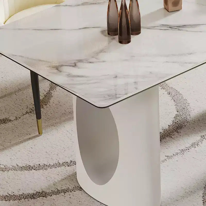 Grande Table à Manger Rectangulaire Okak, Table de Cuisine en Pierre Frittée Composite et Verre Trempé avec Base en Acier Carbone pour Grande Famille