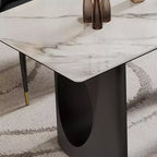 Grande Table à Manger Rectangulaire Okak, Table de Cuisine en Pierre Frittée Composite et Verre Trempé avec Base en Acier Carbone pour Grande Famille