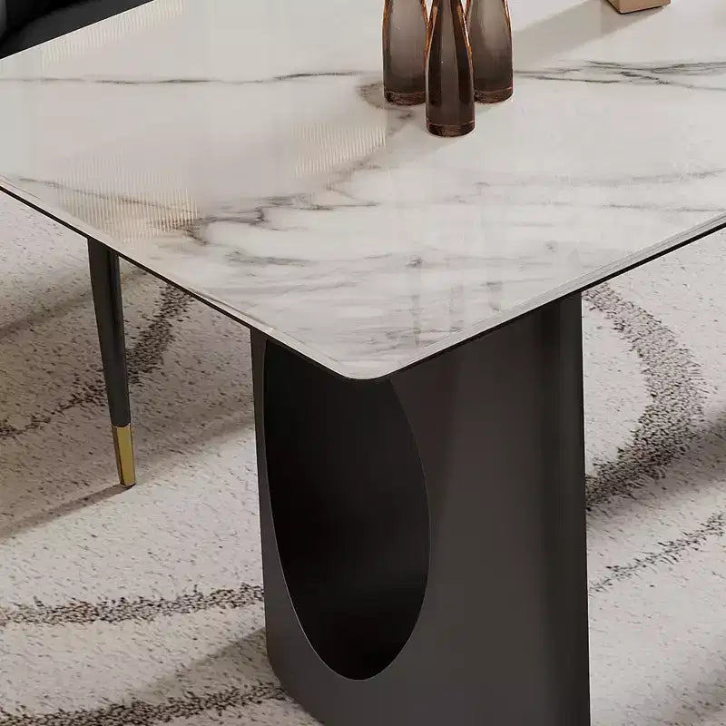 Grande Table à Manger Rectangulaire Okak, Table de Cuisine en Pierre Frittée Composite et Verre Trempé avec Base en Acier Carbone pour Grande Famille