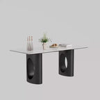 Grande Table à Manger Rectangulaire Okak, Table de Cuisine en Pierre Frittée Composite et Verre Trempé avec Base en Acier Carbone pour Grande Famille