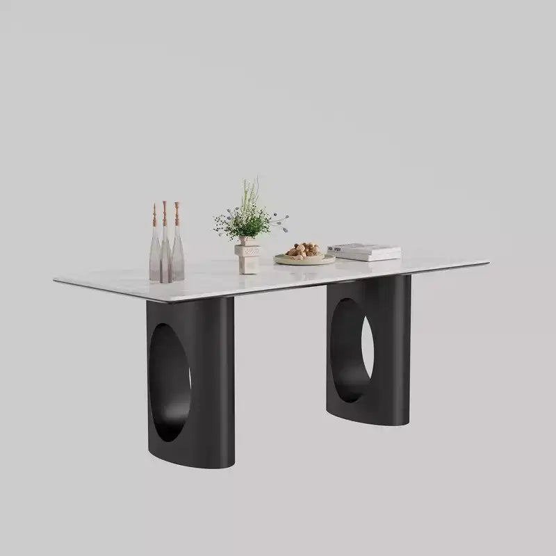 Grande Table à Manger Rectangulaire Okak, Table de Cuisine en Pierre Frittée Composite et Verre Trempé avec Base en Acier Carbone pour Grande Famille