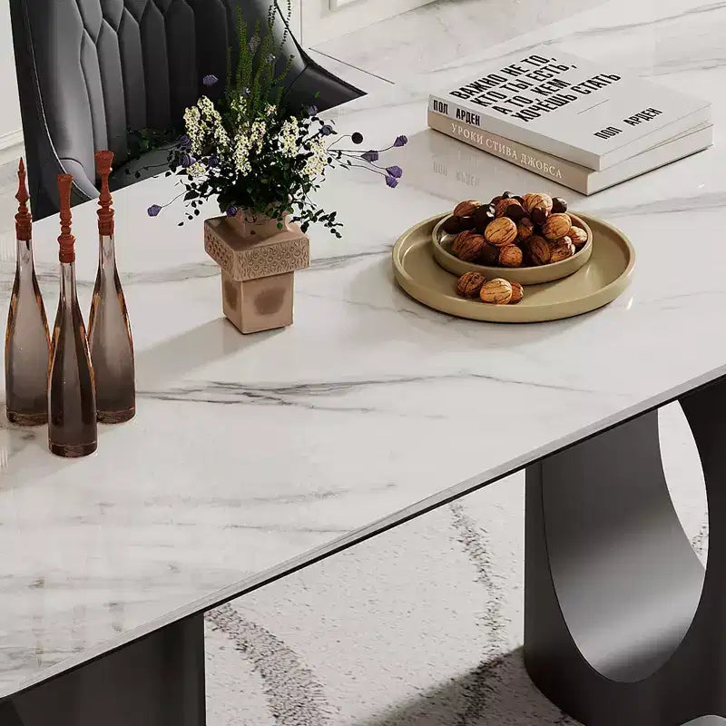 Grande Table à Manger Rectangulaire Okak, Table de Cuisine en Pierre Frittée Composite et Verre Trempé avec Base en Acier Carbone pour Grande Famille