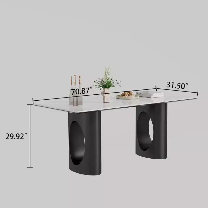 Grande Table à Manger Rectangulaire Okak, Table de Cuisine en Pierre Frittée Composite et Verre Trempé avec Base en Acier Carbone pour Grande Famille