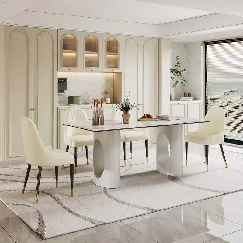Grande Table à Manger Rectangulaire Okak, Table de Cuisine en Pierre Frittée Composite et Verre Trempé avec Base en Acier Carbone pour Grande Famille